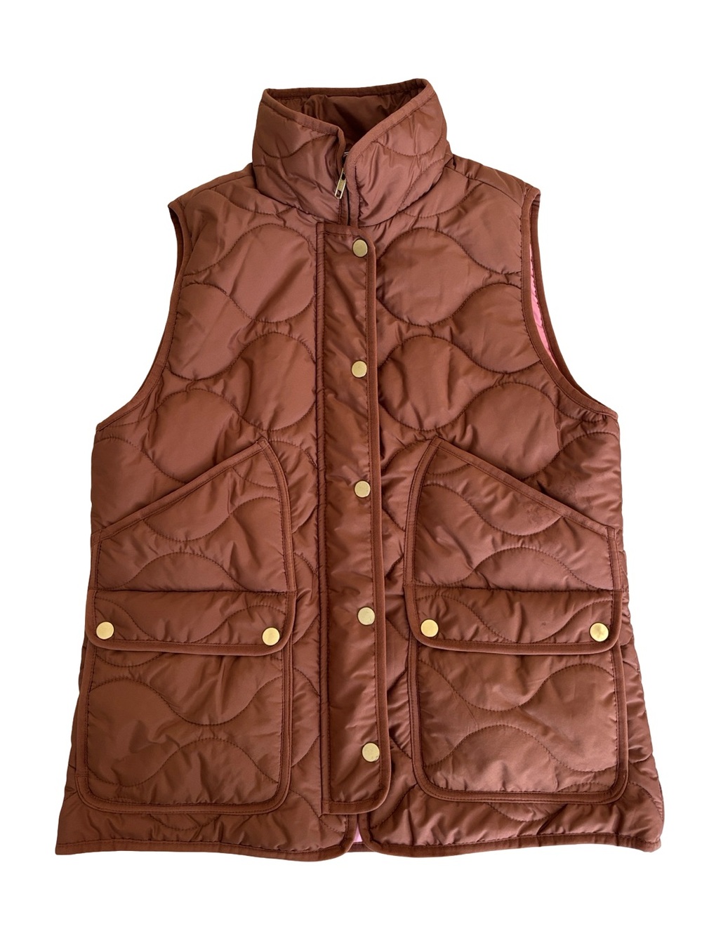 J Crew Signature Puffer Vest Brown Pink Lining NWT Preppy Quilted Primaloft